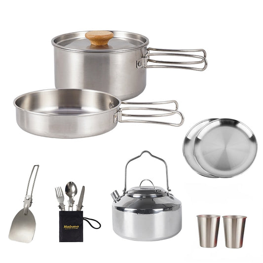 Pots à soupe de Camping en acier inoxydable, poêle à frire, ensemble de casseroles de pique-nique domestique, poignée pliable, ustensiles de cuisine de Camping, fournitures