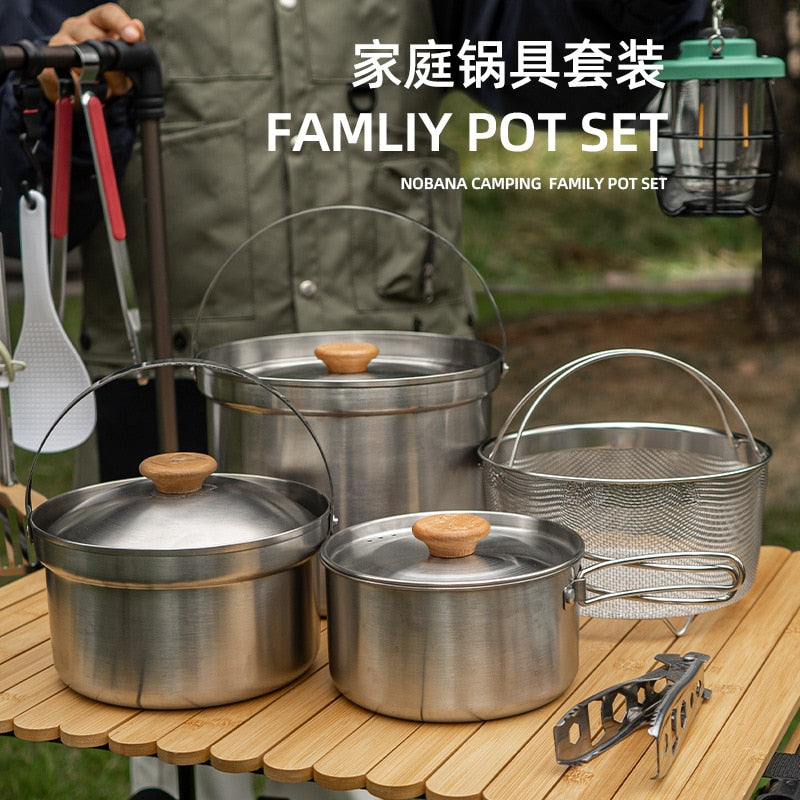 Outdoor Stainless Steel Pot Set Camping Family Pot Set 5L Portable Picnic Soup Pot Frying Steaming Household Pot