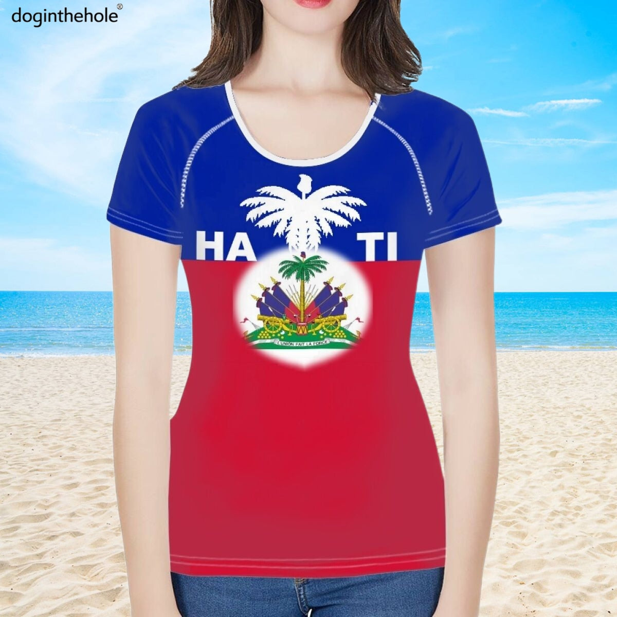 Women Fashion Culture Tops Red and Blue Haiti Flag Print Running T-shirt Female Summer Casual Breathable Clothing