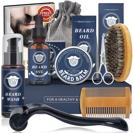 Kit de croissance de barbe pour hommes, rehausseur de cheveux, moustache plus épaisse, toilettage, huile de soin, baume de cire hydratant avec peigne et ciseaux, 9 pièces/ensembles