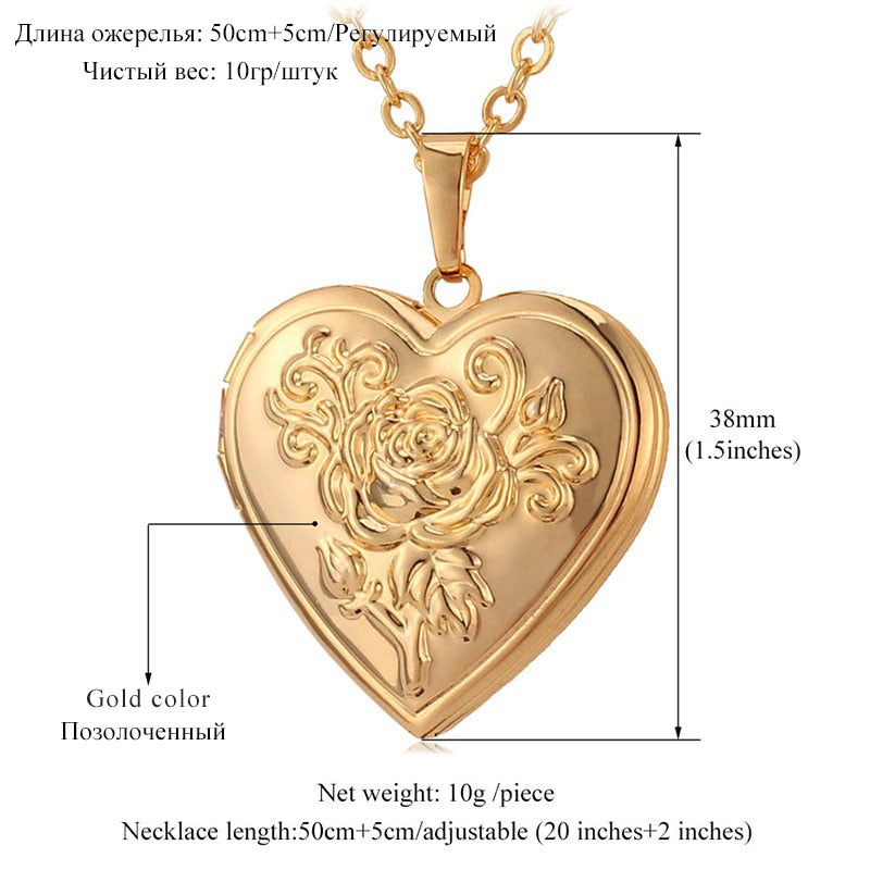 U7 Openable Heart Locket Necklace Photo Frame Memory Romantic Love Embossed Rose Flower Pendant for Women Best Mother's Day Gift