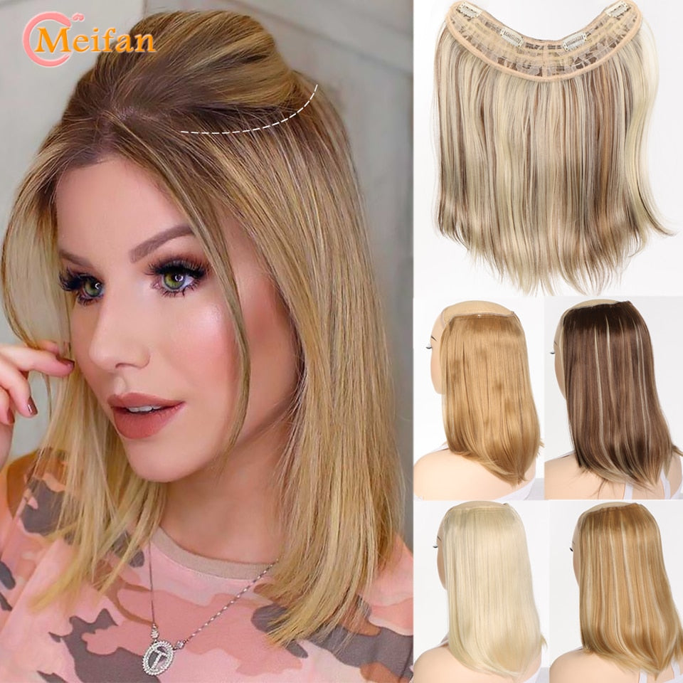 MEIFAN-Peluca de pelo largo sintético liso en forma de U, extensión de cabello de una sola pieza, peluca falsa Natural Invisible para mujer