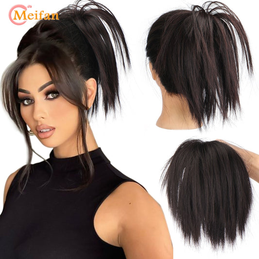 MEIFAN synthétique désordre cheveux raides Chignon Extensions bande élastique moelleux cheveux Chignon Scrunchy Wrap Updo faux postiche pour femmes