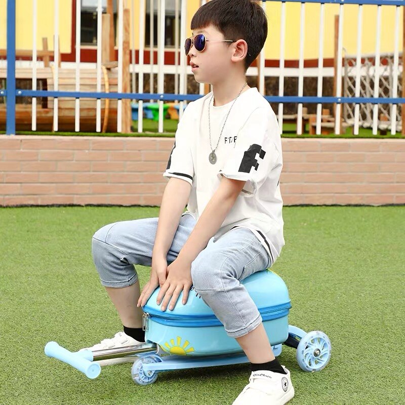 Cute Cartoon kids scooter suitcase on wheels Lazy trolley bag children carry on cabin travel rolling luggage Skateboard bag gift