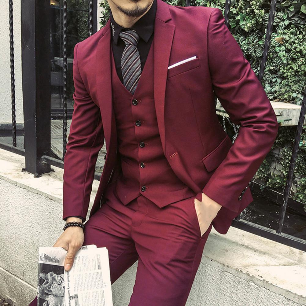 Men Vest Suit Coat Pants Formal Business Groom Coat Vest Pants Set Straight Turn-down Collar Anti-wrinkle Groom Wedding Suit