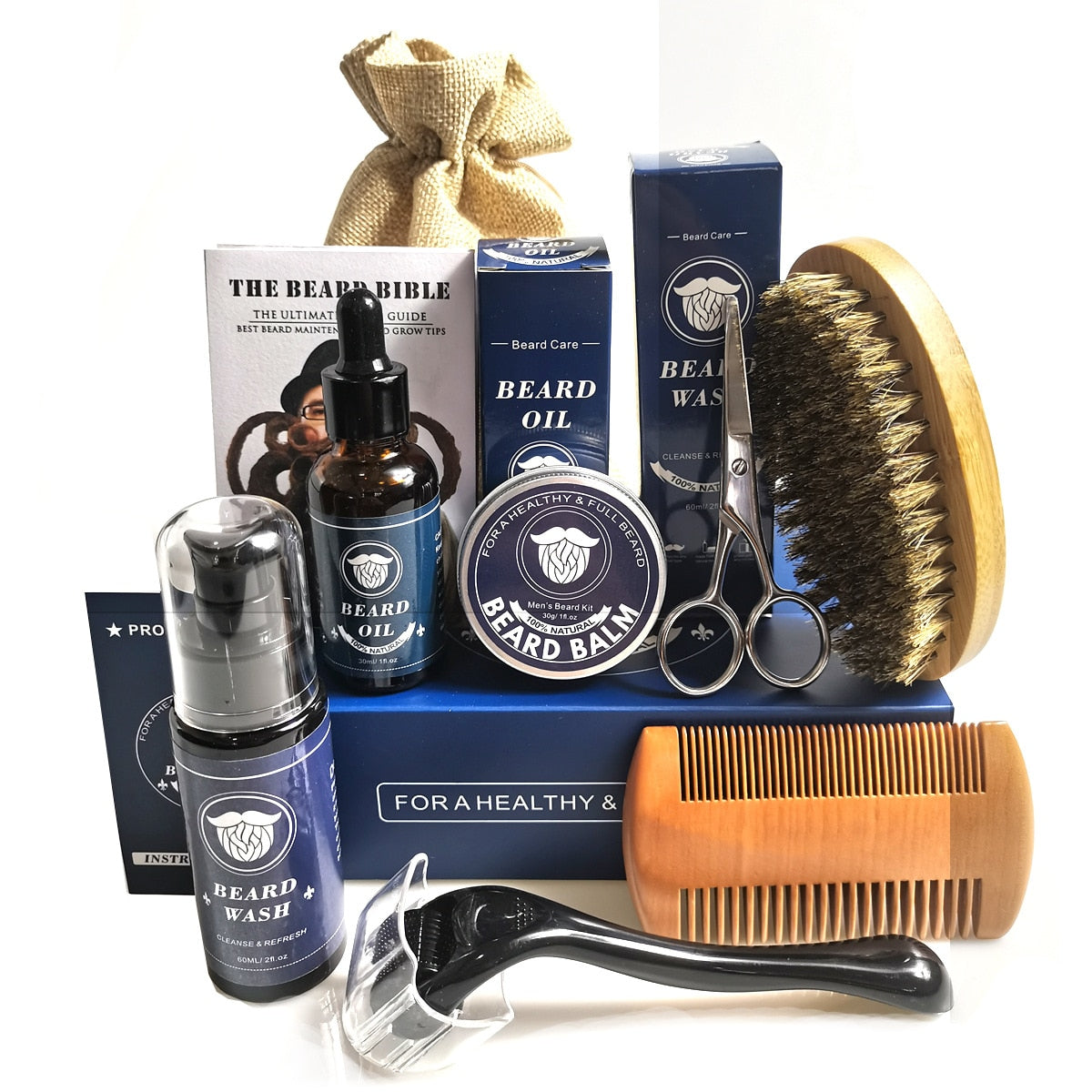 9 unids/set Kit de crecimiento de barba para hombres potenciador del cabello bigote más grueso cuidado de la barba aceite hidratante cera bálsamo con peine tijera