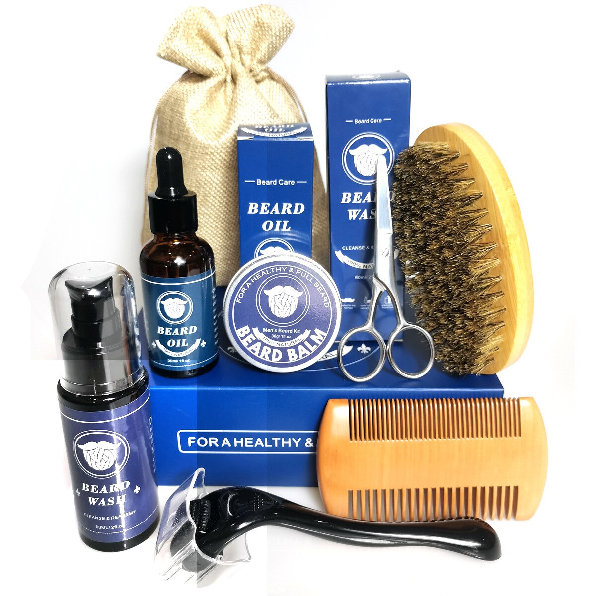 9 unids/set Kit de crecimiento de barba para hombres potenciador del cabello bigote más grueso cuidado de la barba aceite hidratante cera bálsamo con peine tijera