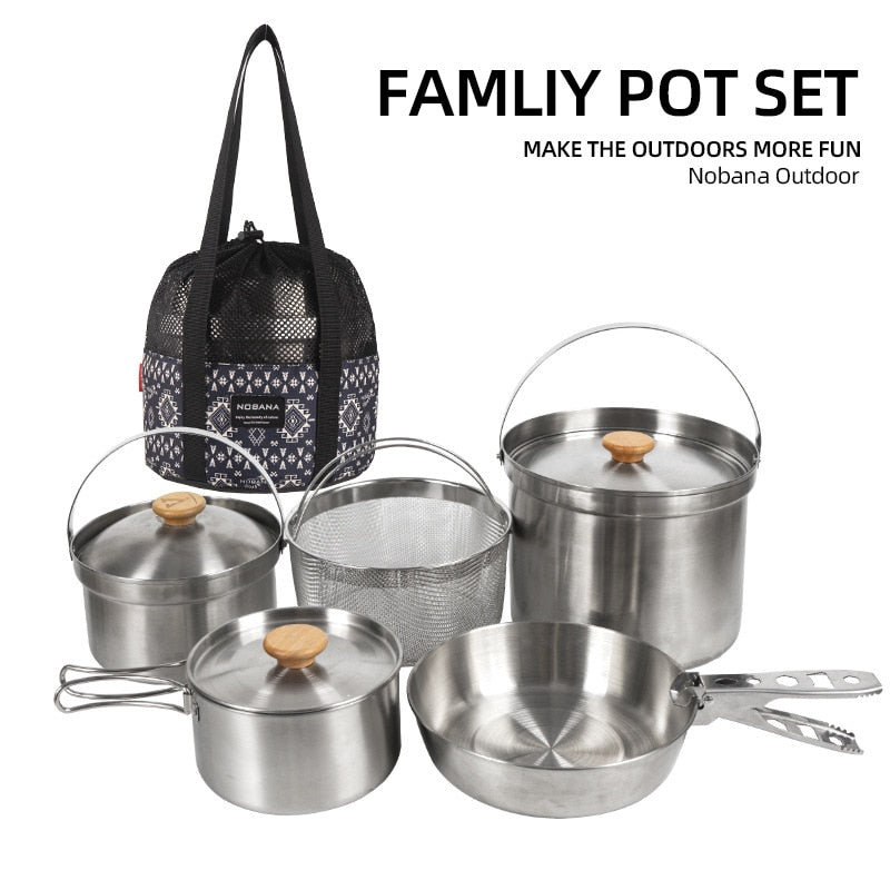 Outdoor Stainless Steel Pot Set Camping Family Pot Set 5L Portable Picnic Soup Pot Frying Steaming Household Pot