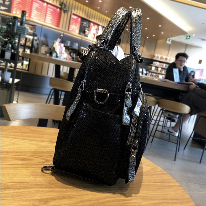 Mochila Convertible de lentejuelas brillantes iridiscentes de malla, bolso de mano de gran capacidad con múltiples bolsillos, bolso de trabajo negro con asa corta, 2023