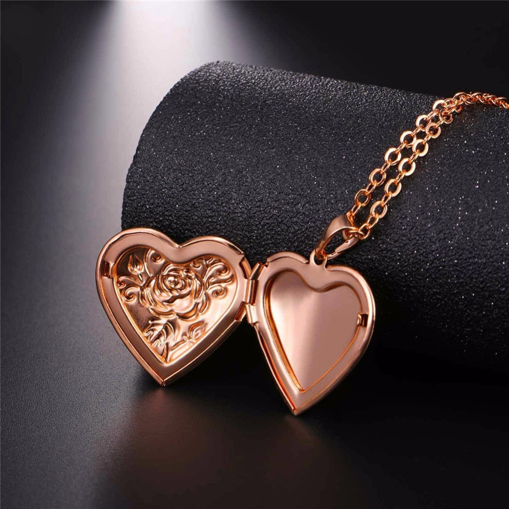 U7 Openable Heart Locket Necklace Photo Frame Memory Romantic Love Embossed Rose Flower Pendant for Women Best Mother's Day Gift