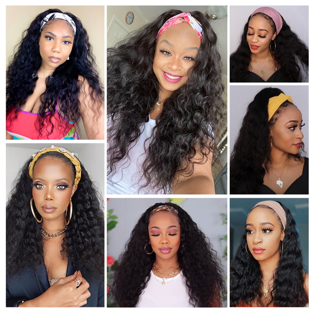 Beauty Forever Glueless Water Wave Headband Wigs Natural Brazilian Scarf Wig Curly Human Hair Wigs for Women Beginner Friendly