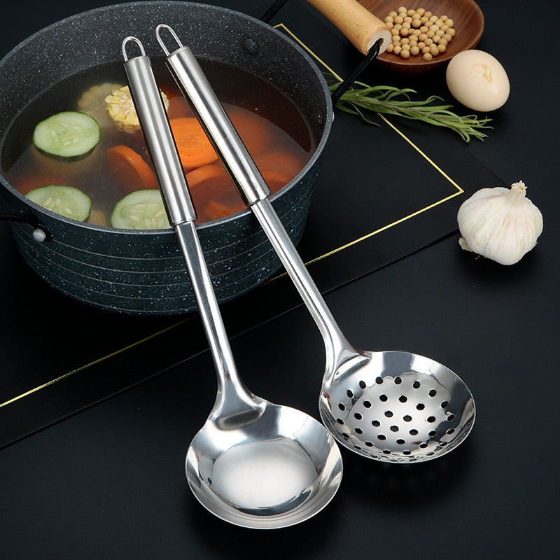 Juego de utensilios de cocina modernos de acero inoxidable, espátula para freír, cuchara para sopa, mango largo, tenedor para carne, colador para servir, aparato para el hogar