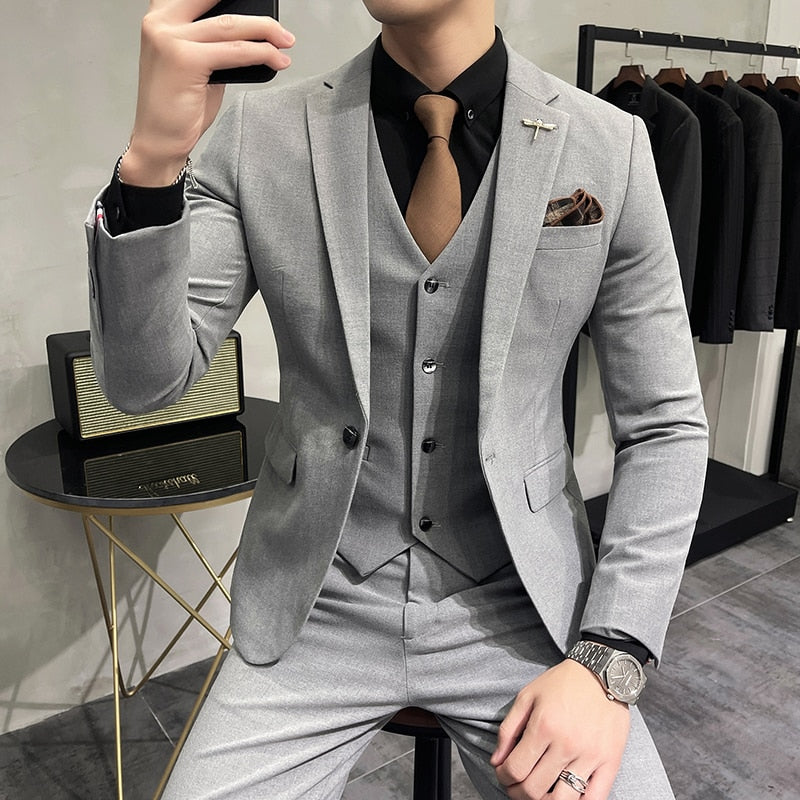 (Chaqueta + chaleco + Pantalones) marca de gama alta Boutique moda Color sólido traje de negocios informal para hombre conjunto de 3 piezas vestido de novia para novio