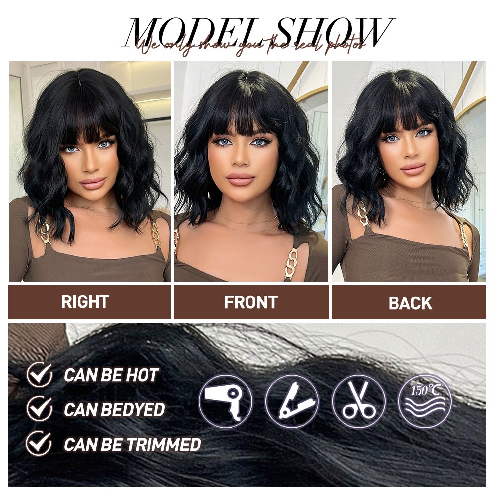 oneNonly Black Wig with Bangs Natural Wigs for Women Short Wavy Synthetic Wig Daily Party Heat Resistant Hair