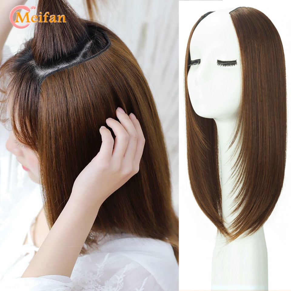 MEIFAN Synthetic Long Straight U-Shaped Half Wig Hair Clip in One-piece Hair Extension Invisible Natural Fake Hairpiece for Wome