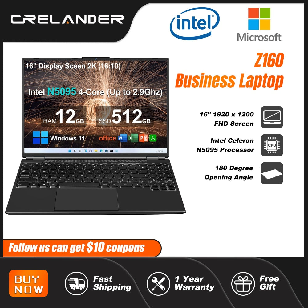 CRELANDER 16 pouces ordinateur Portable 1920*1200 Intel Celeron N5095 12GB RAM Win 11 ordinateur Portable ordinateur Portable pour les étudiants de jeu d'affaires