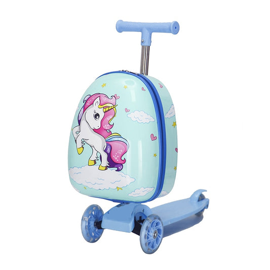 Cute Cartoon kids scooter suitcase on wheels Lazy trolley bag children carry on cabin travel rolling luggage Skateboard bag gift