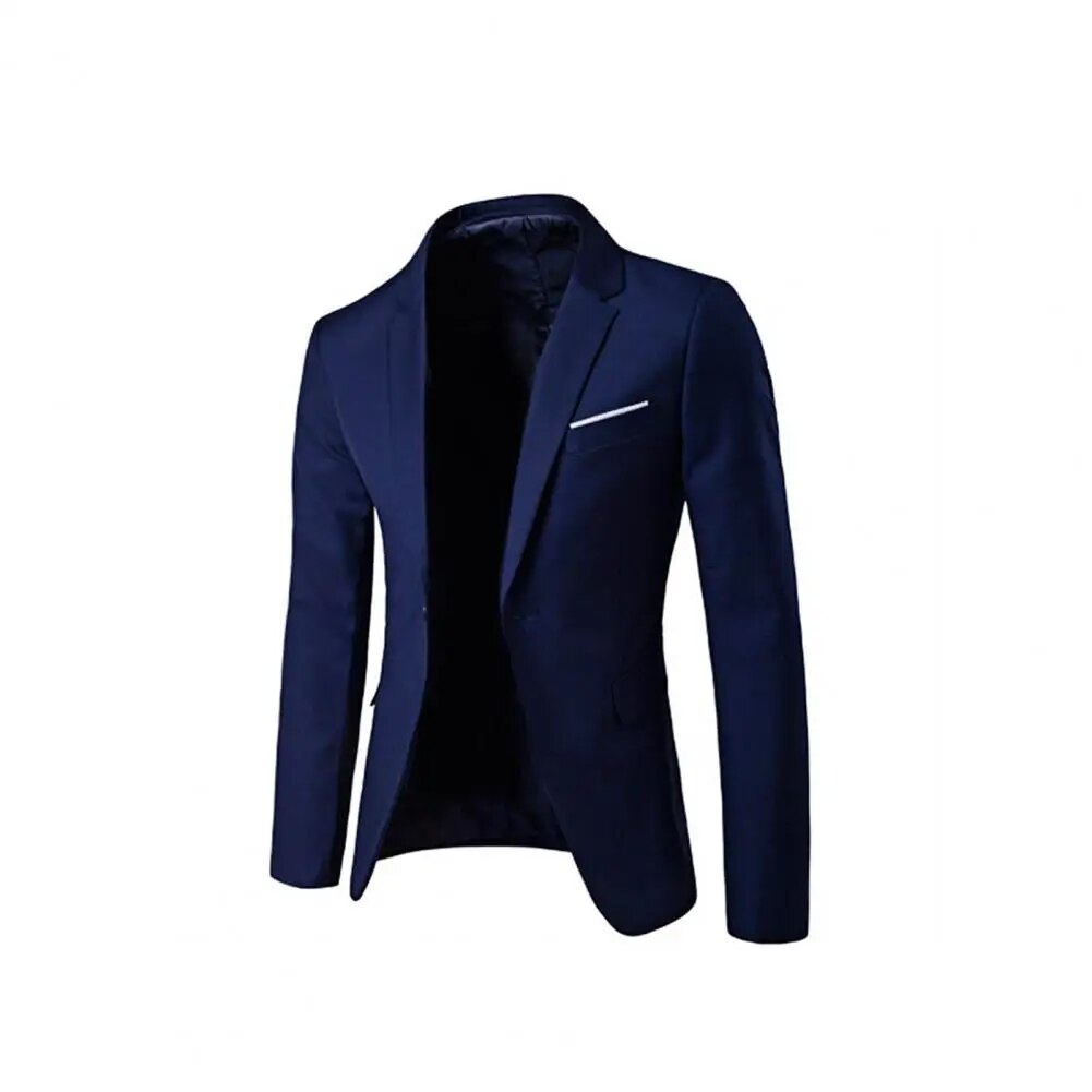 1 Set Men Blazer Pants Solid Color Long Sleeve Slim Fit Turndown Collar Temperament One Button Pockets Suit Set Men Clothes