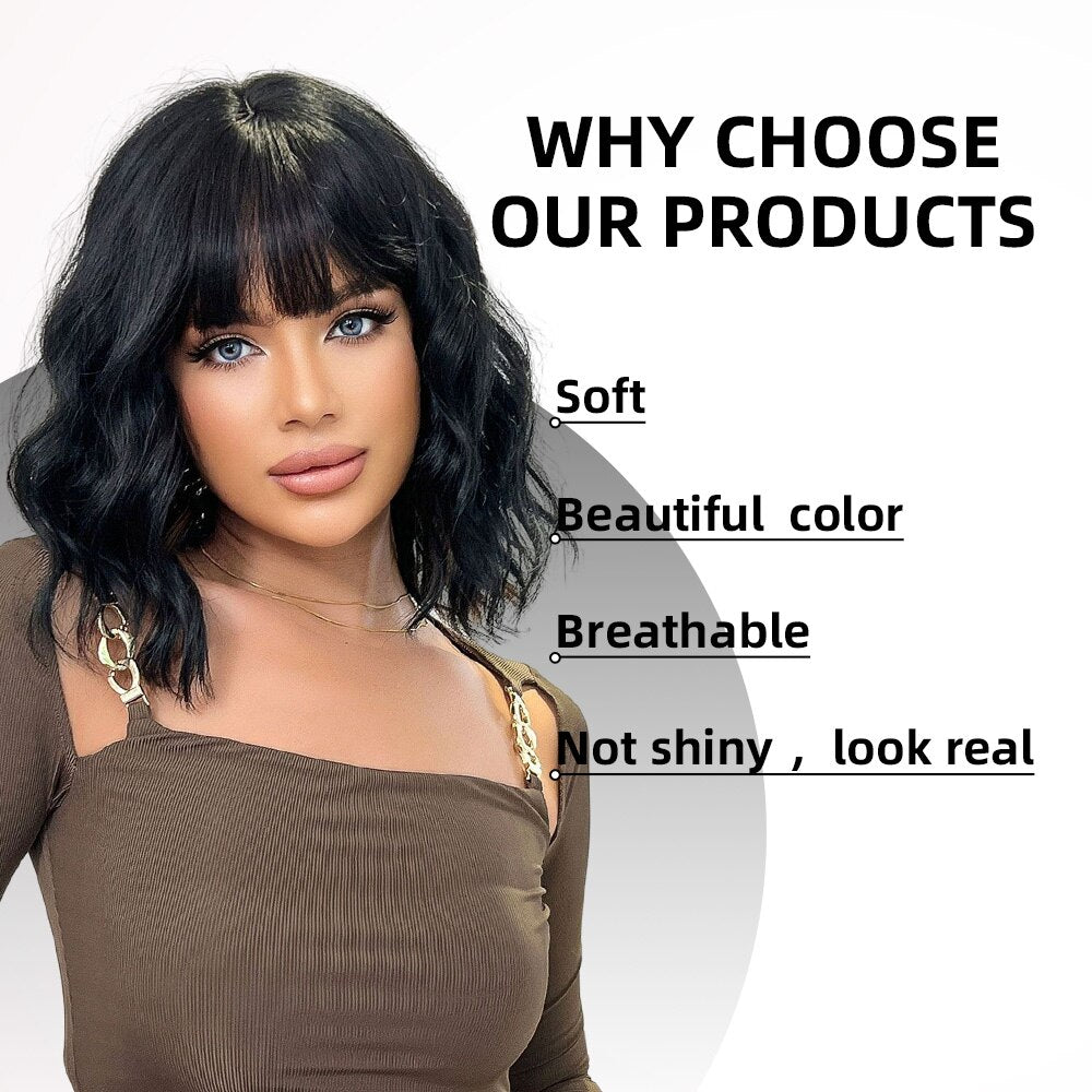 oneNonly Black Wig with Bangs Natural Wigs for Women Short Wavy Synthetic Wig Daily Party Heat Resistant Hair