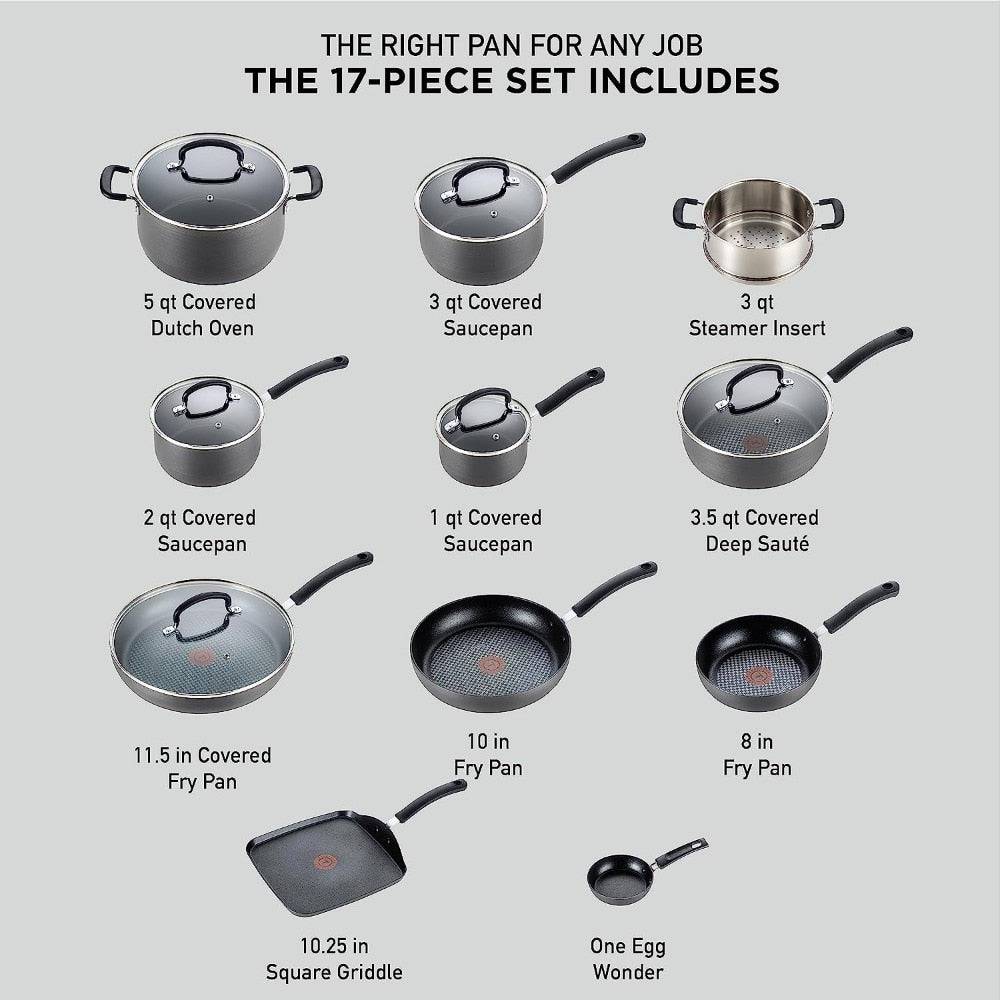 T-fal Ultimate Hard Anodized Nonstick 17-Piece Kitchen Cookware Set,Riveted Silicone Handles for Comfortable Cooking Pots Set