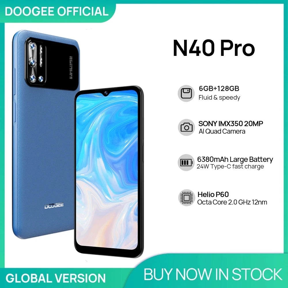 DOOGEE N40 Pro Smartphone 6,5 pulgadas 20MP Cámara cuádruple Helio P60 6GB + 128GB Teléfono móvil 6380mAh Batería 24W Carga rápida