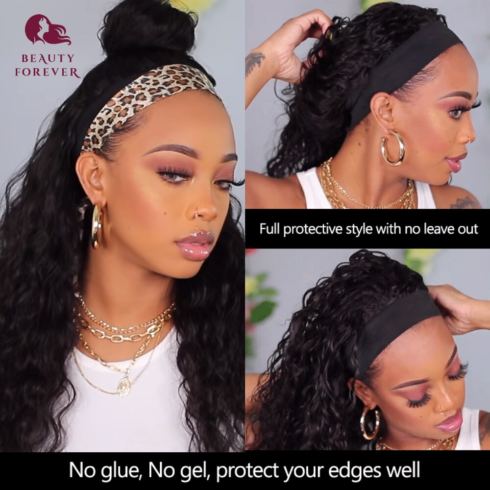 Beauty Forever Glueless Water Wave Headband Wigs Natural Brazilian Scarf Wig Curly Human Hair Wigs for Women Beginner Friendly