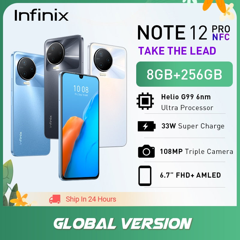 Version mondiale Infinix NOTE 12 PRO 4G Smartphone NFC 8 Go 256 Go Processeur Helio G99 Écran AMOLED 6,7" Caméra 108MP Android 12