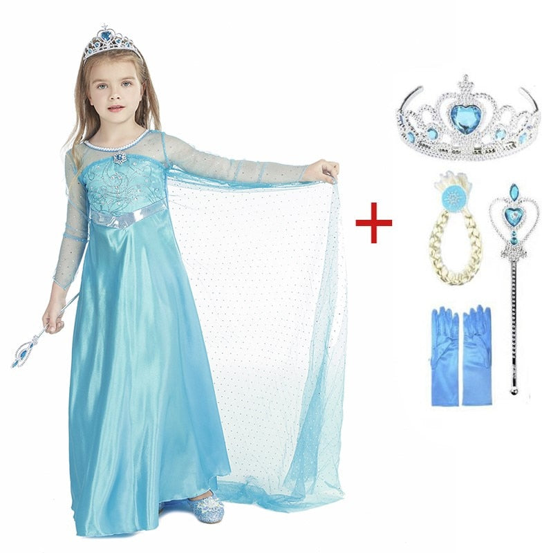 Princess Girl Dresses Snow Queen Elsa Costume For Kids Cosplay Dress Up Halloween Christmas Carnival Patrty Clothing 4-10Y