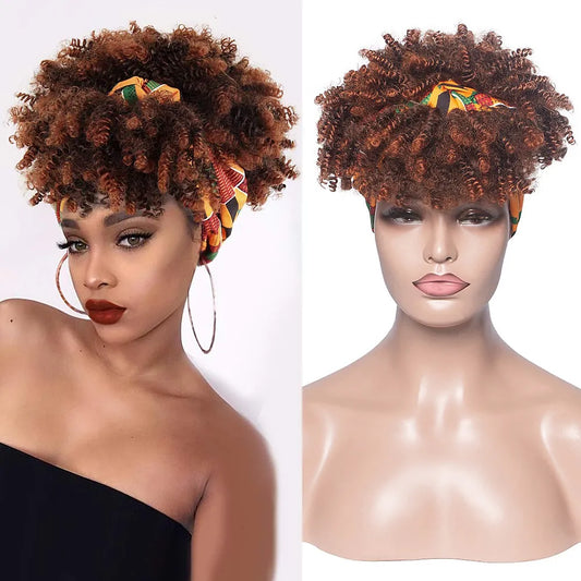 COMPRE 2 POR $ 12,99 Peluca con diadema rizada Afro Puff para pelucas sintéticas Helloween para envolver la cabeza 2 en 1 pelucas de cuerpo corto Rubio negro Natural para mujeres