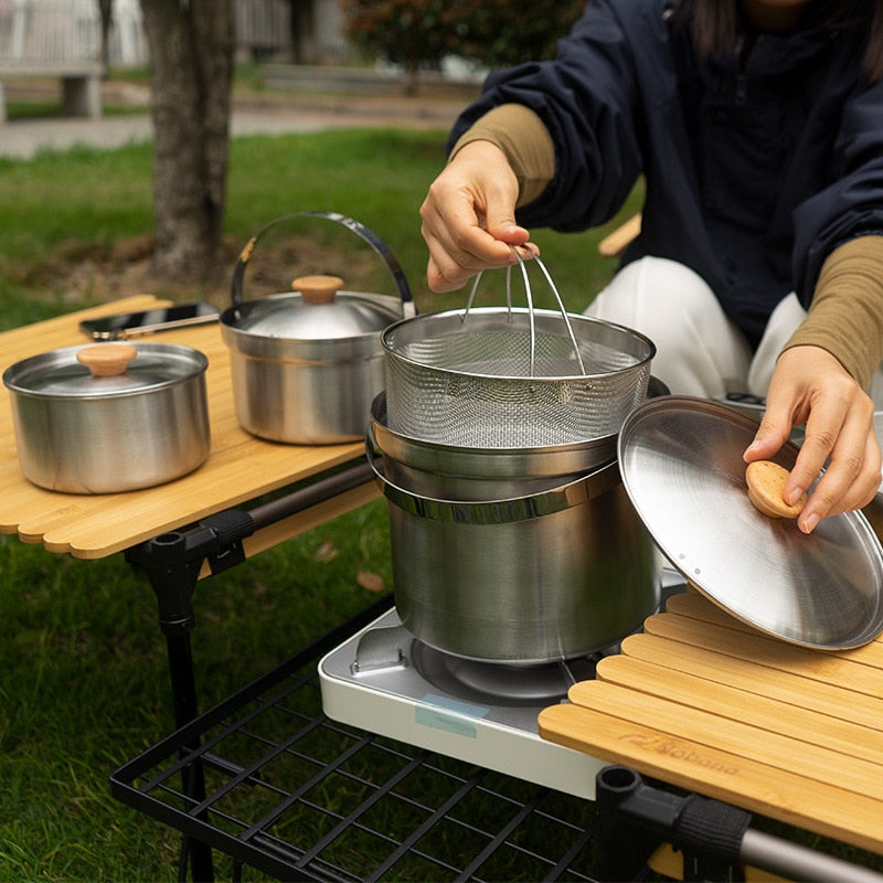 Juego de ollas de acero inoxidable para exteriores, juego de ollas familiares para acampar, 5L, portátil, para Picnic, sopa, freír, humear, para el hogar