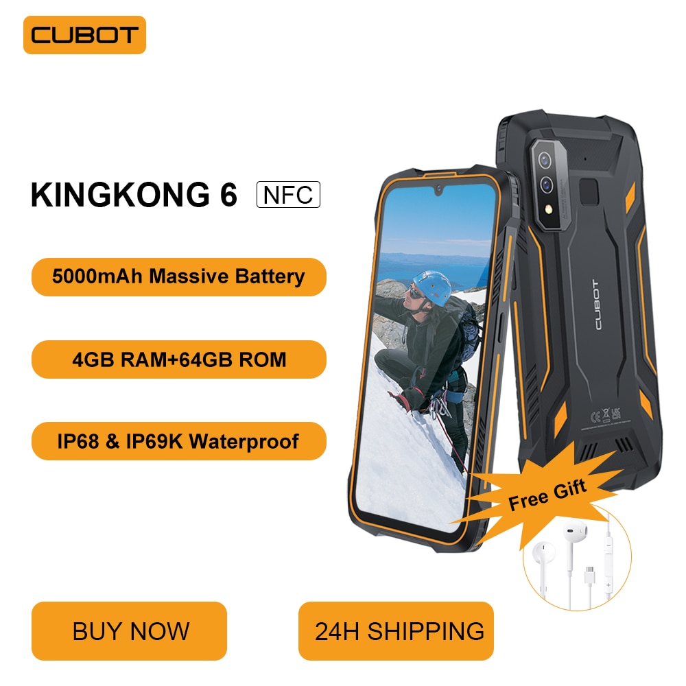 Cubot IP68 Smartphone robuste et étanche King Kong 6, NFC, 4 Go de RAM + 64 Go de ROM (128 Go étendu), 5000 mAh, 4G double SIM, téléphone Android