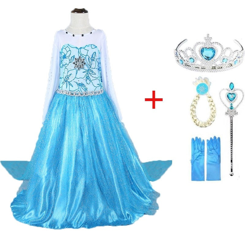 Princess Girl Dresses Snow Queen Elsa Costume For Kids Cosplay Dress Up Halloween Christmas Carnival Patrty Clothing 4-10Y