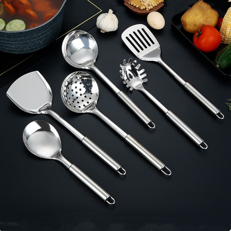 Modern Kitchen Stainless Steel Cooking Tool Set Frying Spatula Soup Spoon Long Handle BBQ Meat Fork Serving Colander Home Gadget