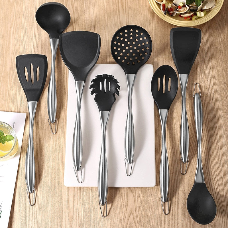 Ensemble d'ustensiles de cuisine en Silicone avec manche en acier inoxydable, spatule antiadhésive, passoire, cuillère à soupe pour pâtes, pelle à frire, ustensiles de cuisine