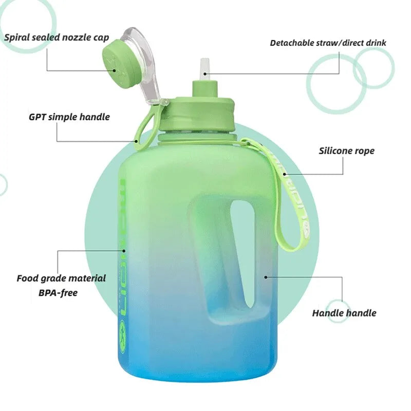 Botella de agua deportiva de gran capacidad de 2,4l, hervidor de Fitness para exteriores, taza de agua de plástico con gradiente, barril portátil de gran tonelada para estudiantes