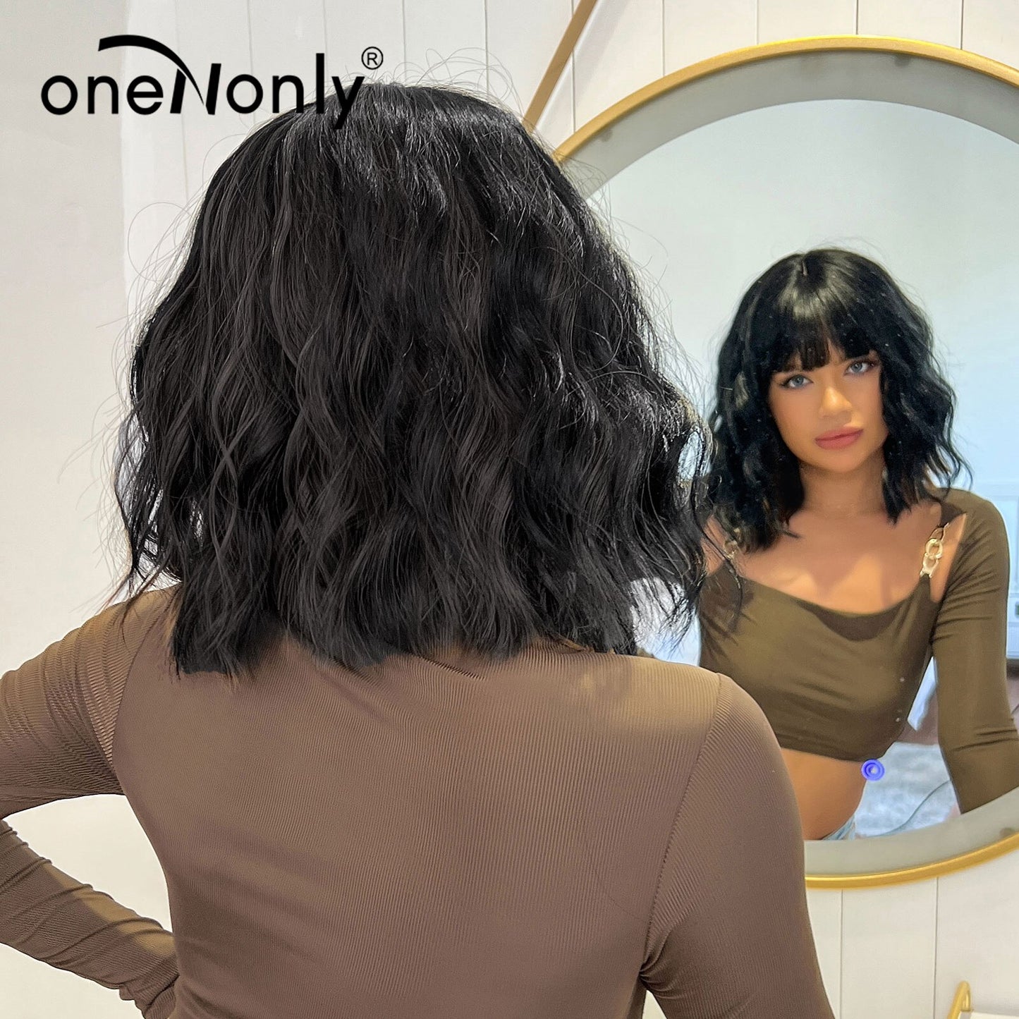 OneNonly – perruque synthétique noire avec frange, perruque naturelle courte et ondulée pour femmes, cheveux résistants à la chaleur pour fêtes quotidiennes