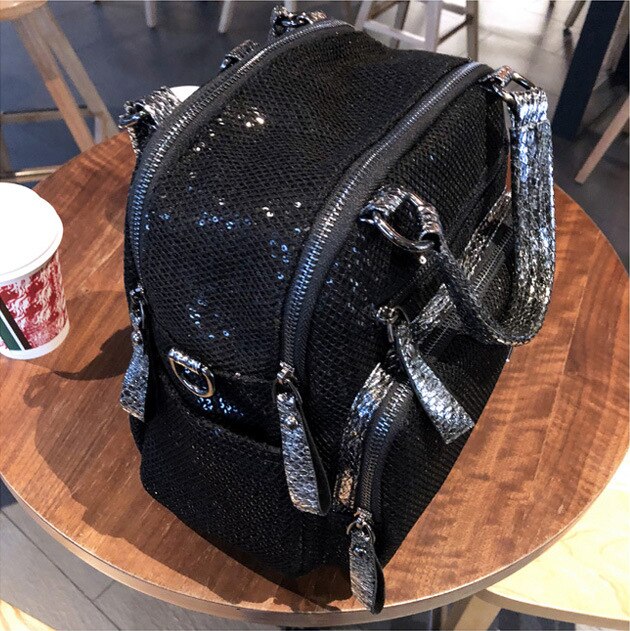 Mesh Iridescent Sparkle Shiny Paillette Convertible Backpack Handbag 2023 Big Capacity Multi Pockets Work Black Short Handle Bag