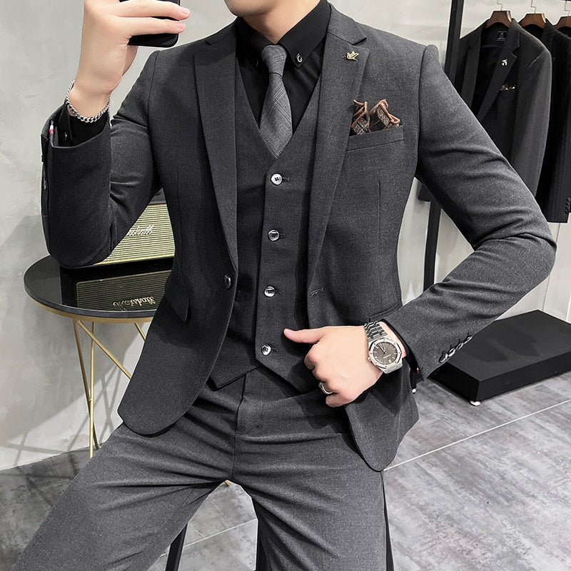 (Chaqueta + chaleco + Pantalones) marca de gama alta Boutique moda Color sólido traje de negocios informal para hombre conjunto de 3 piezas vestido de novia para novio