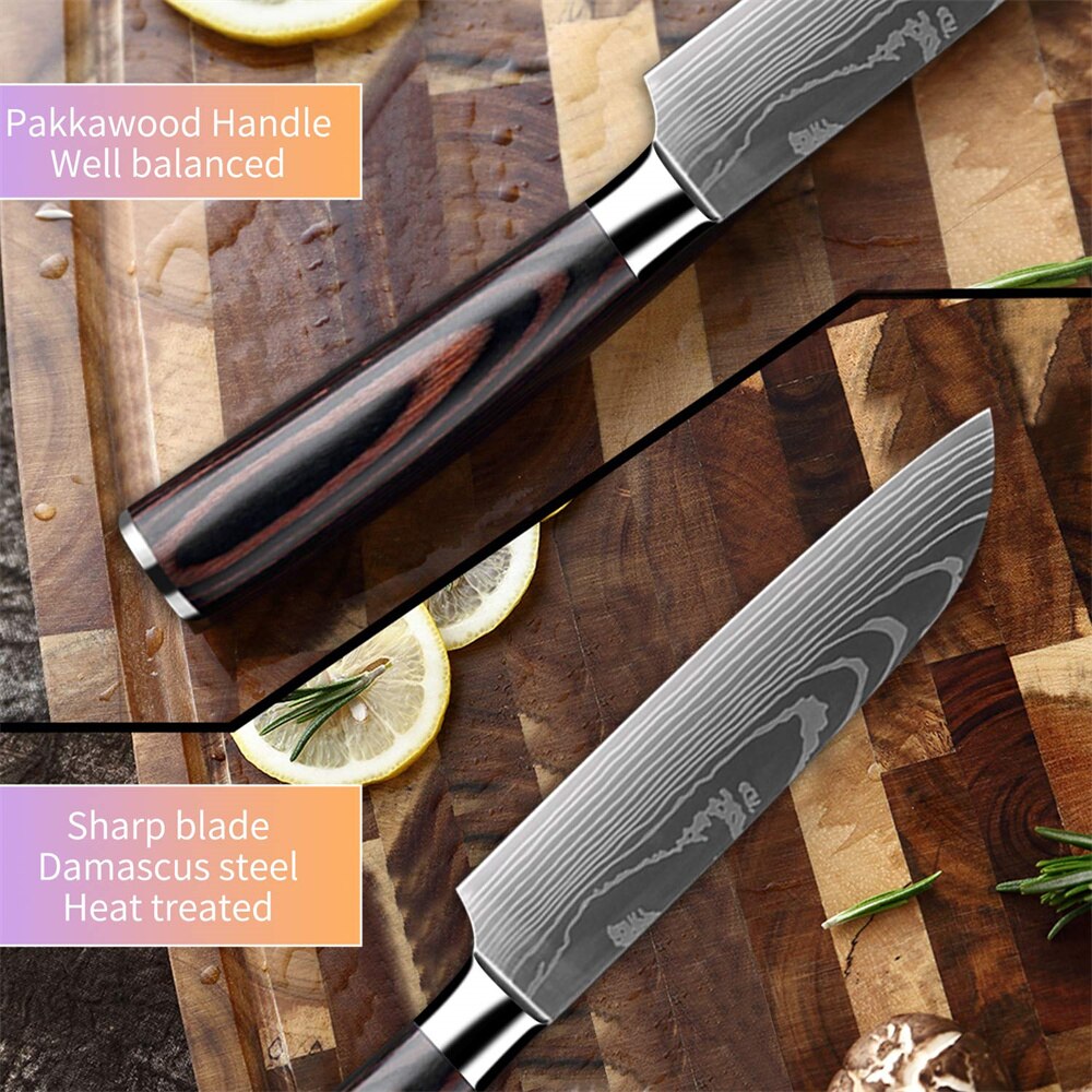 Cuchillo Santoku de acero rico en carbono, cuchillos de cocina de 5 pulgadas para cortar frutas y verduras, mango de Pakkawood