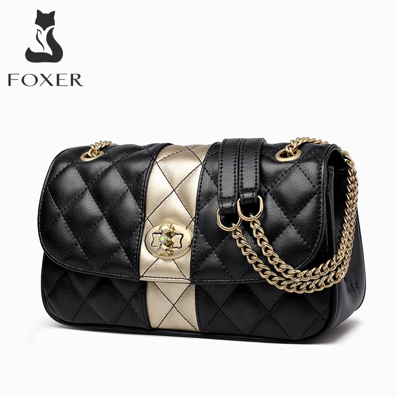 FOXER femmes bandoulière sac à bandoulière diamant treillis sac à main dame sac à main en cuir fendu chaîne sangle sac de messager cadeau de saint valentin