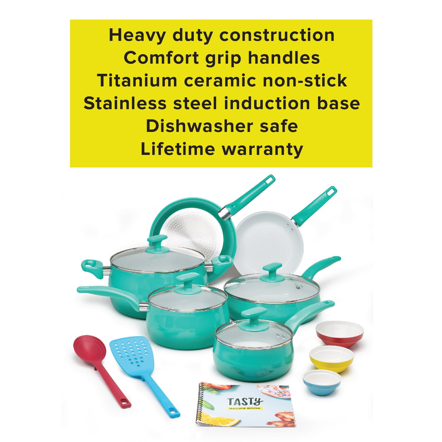 Tasty Ceramic Titanium-Reinforced Cookware Set, Ombre Green, 16 Piece  8 Inch Fry Pan, 9.5 Inch Fry Pan, Free Shipping New