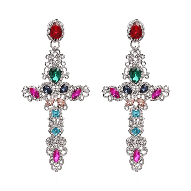 JURAN Vintage Long Crystal Cross Dangle Earring Gold Metal with Gems Goth Earrings for Women Luxury Jewelry Pendant 2023 New