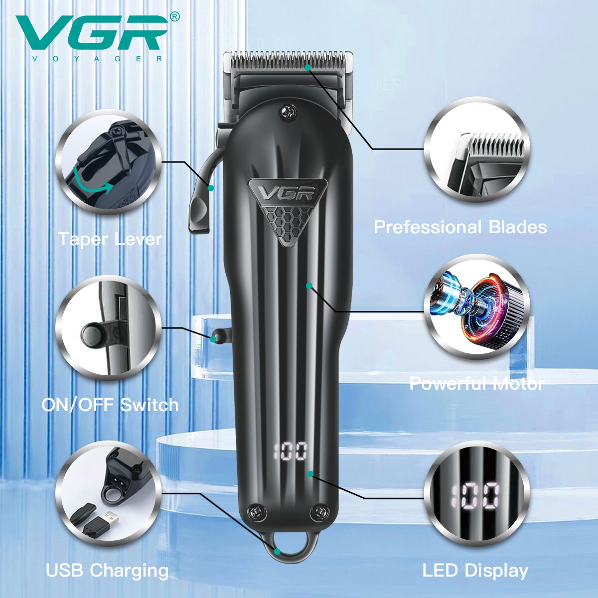 VGR tondeuse à cheveux professionnelle Machine de coupe de cheveux tondeuse à cheveux réglable sans fil Rechargeable V 282