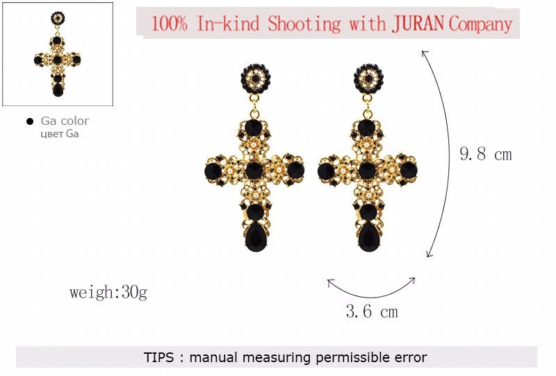 JURAN Vintage Long Crystal Cross Dangle Earring Gold Metal with Gems Goth Earrings for Women Luxury Jewelry Pendant 2023 New